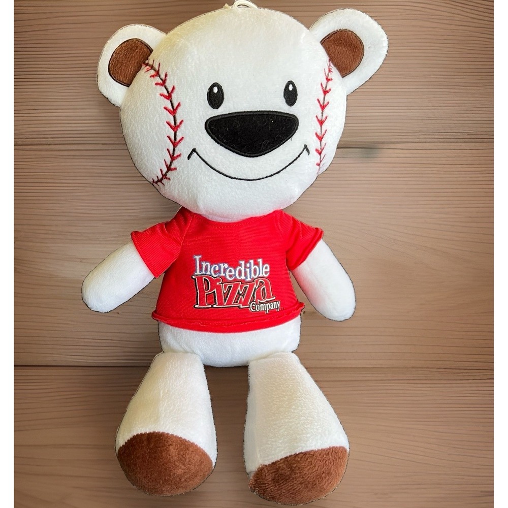 Fiesta Incredible Pizza Company Baseball Plush Teddy Bear White Red 12" Stuffed